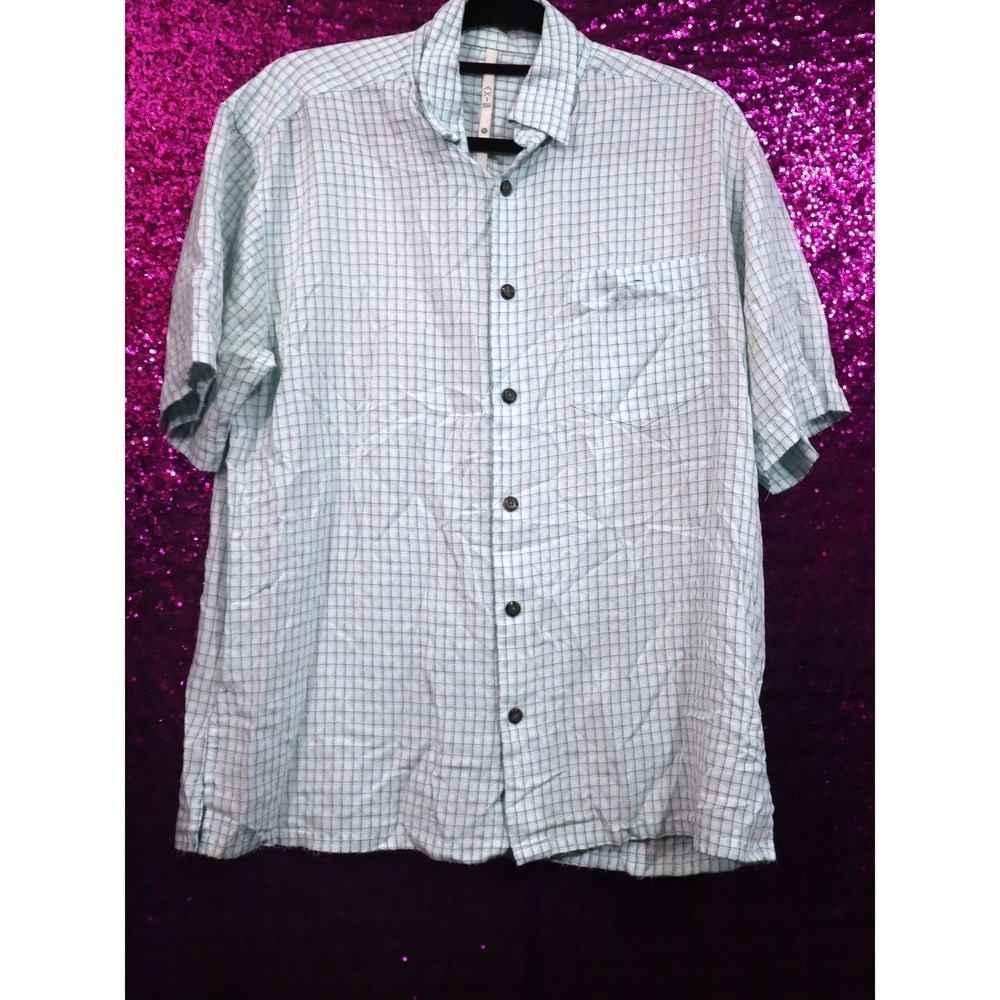 Light Blue Button Down Shirt Medium Axis Mens Plaid Short Sleeve Modal Blend